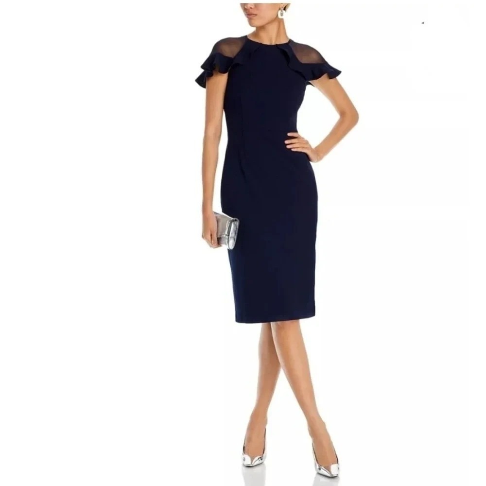 Eliza J Sheath Dress Womens 8 Navy Blue Ruffle Trim Flutter Sleeve Cocktail